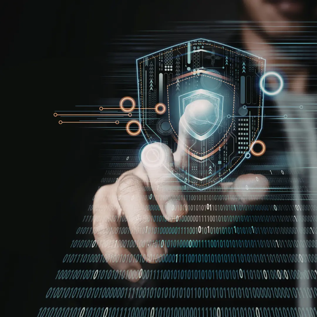 A man pressing a cyber security badge