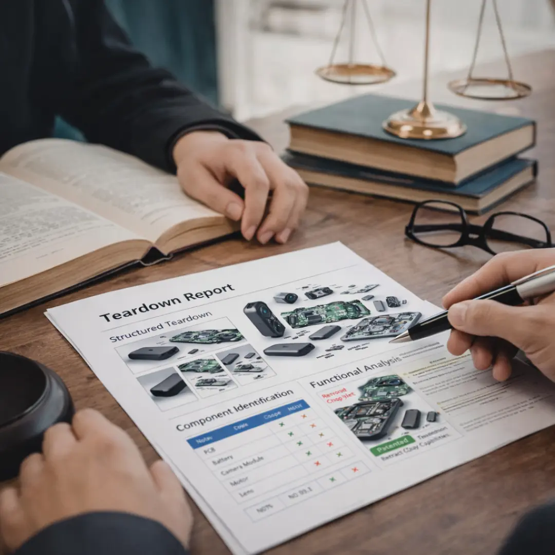 An IP lawyer and their client reviewing a Teardown Report on desk